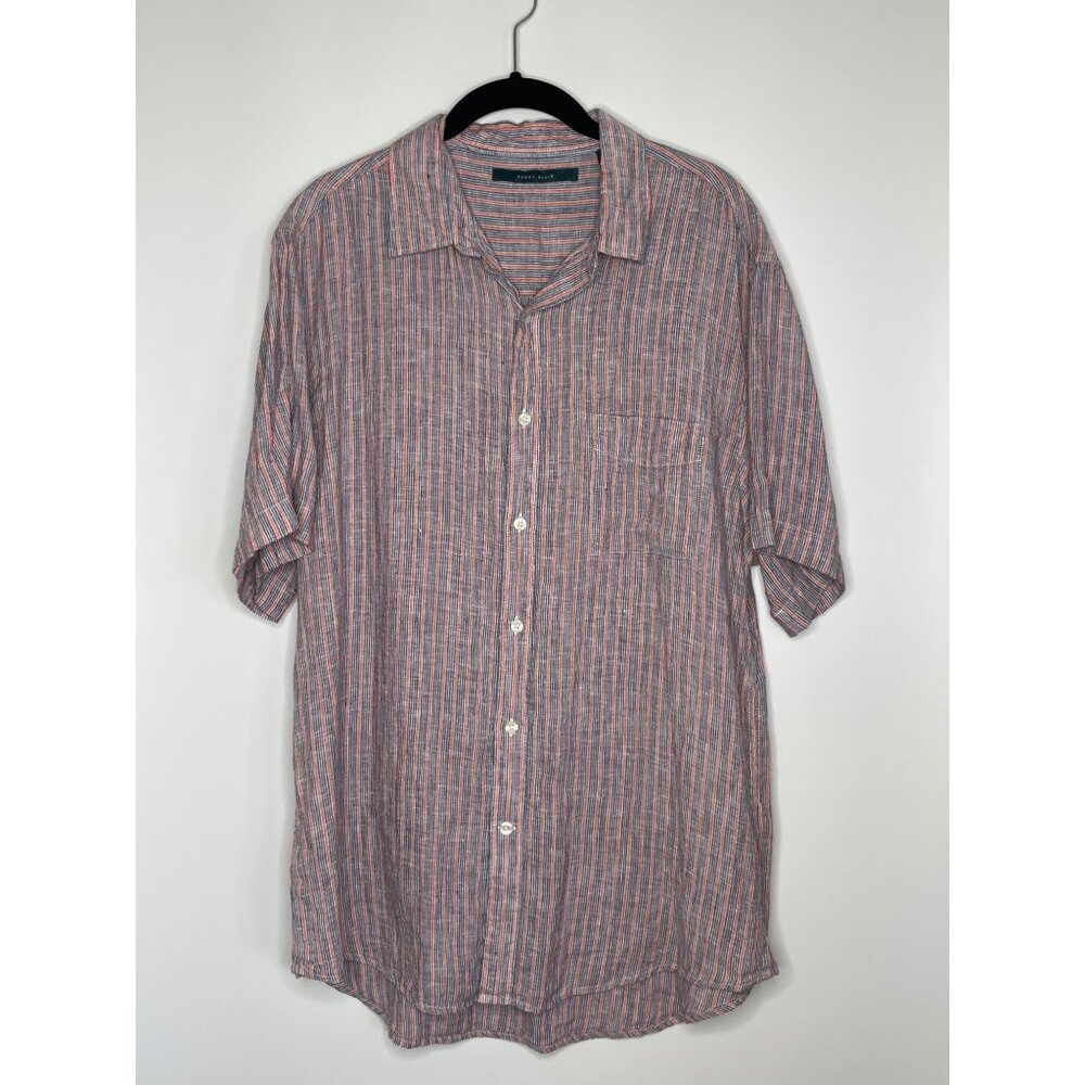 Perry Ellis Men's 100% Linen Blue Red‎ Stripe Button Up Short Sleeve Shirt Large